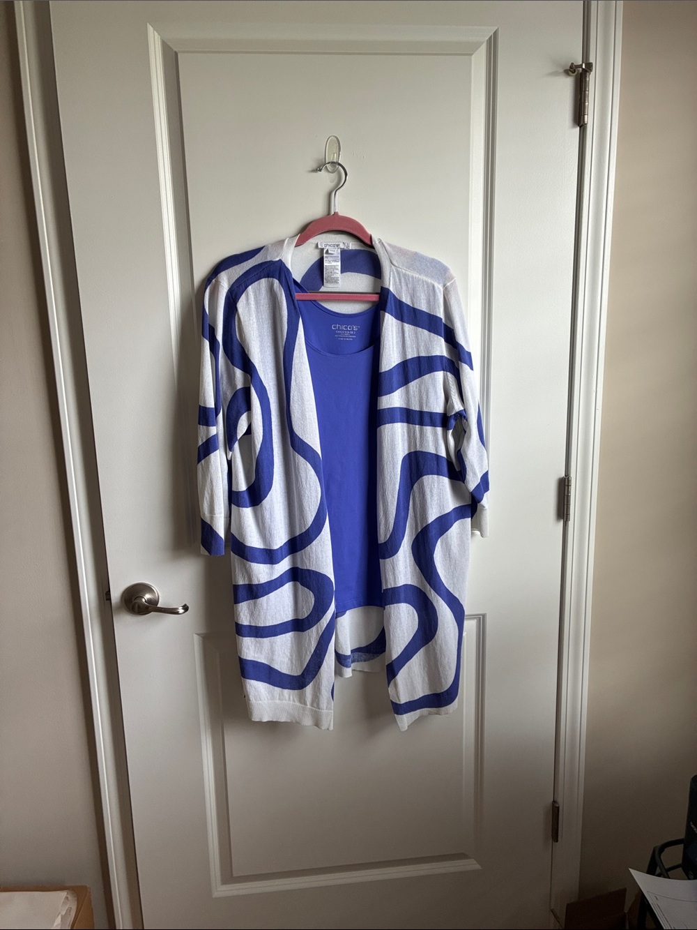 Chico's White Cardigan with Bold purple Swirl Pattern
